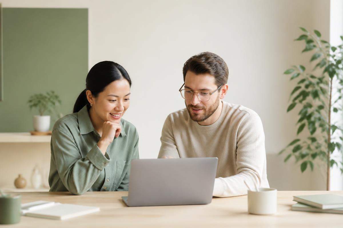 Zwei Personen arbeiten gemeinsam am Laptop an einer neuen Website